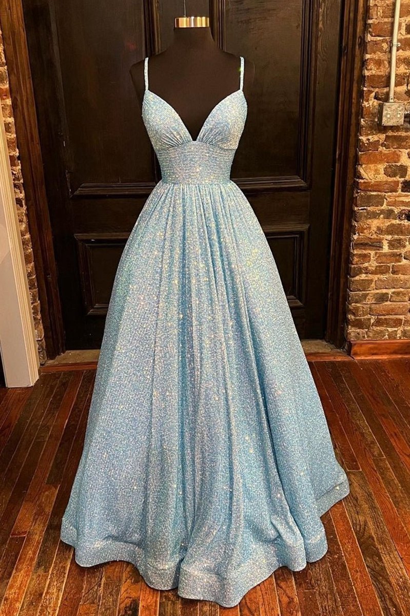 A-line V Neck Sequins Long Prom Dresses