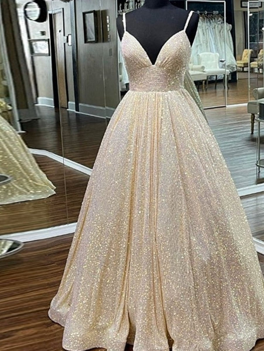 A-line V Neck Sequins Long Prom Dresses