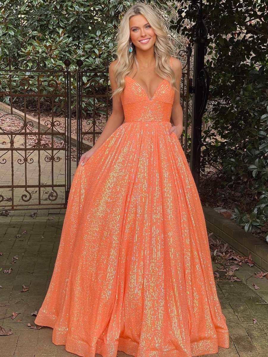 A-line V Neck Sequins Long Prom Dresses