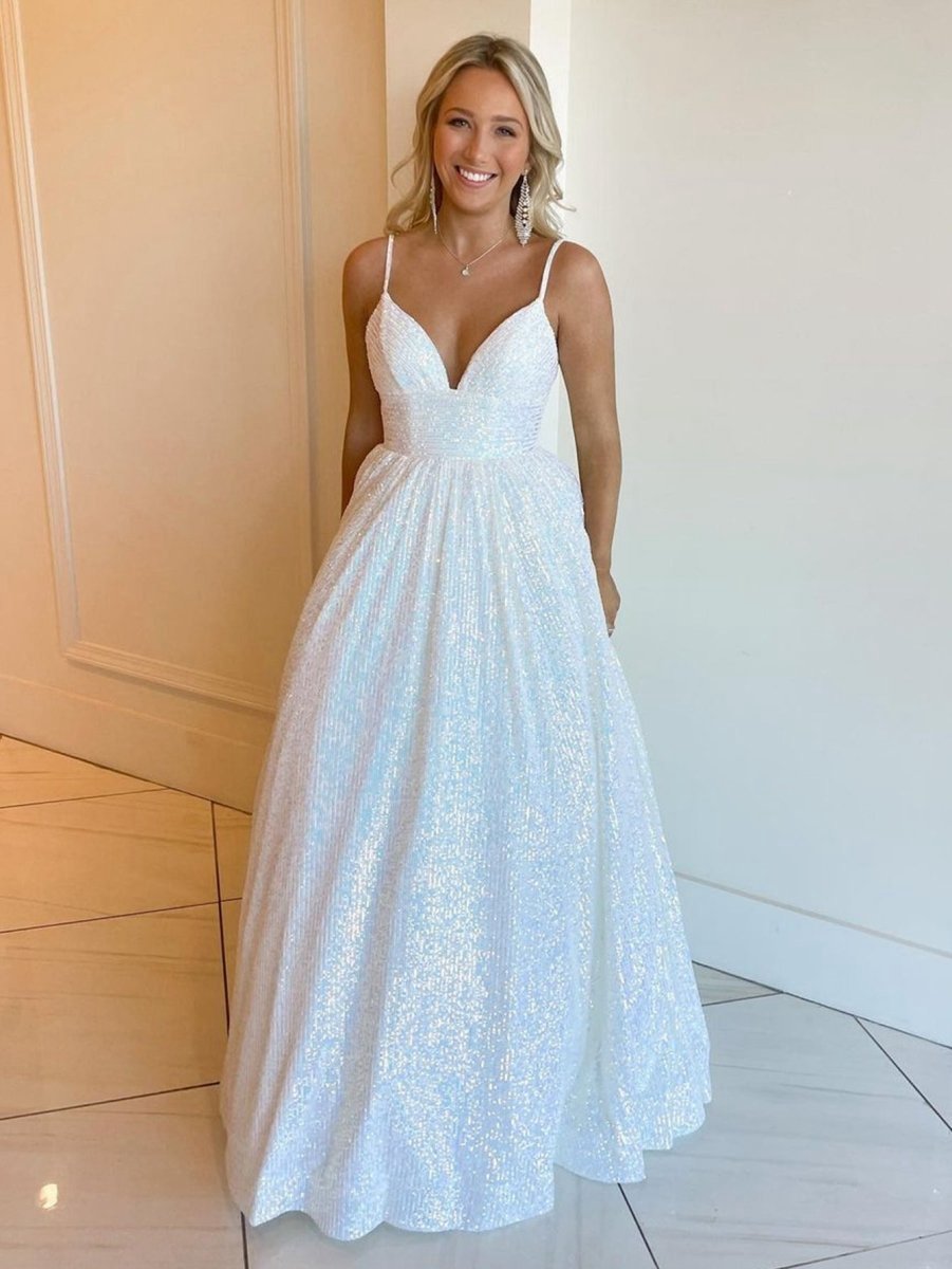 A-line V Neck Sequins Long Prom Dresses