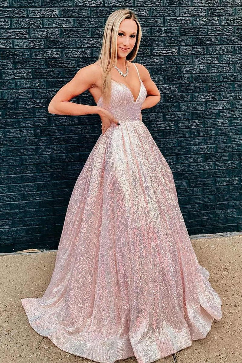 A-line V Neck Sequins Long Prom Dresses