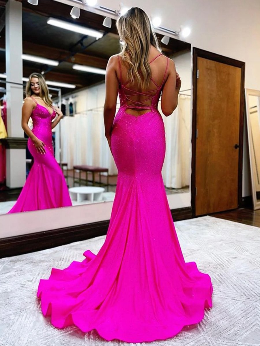 Sparkly Mermaid V Neck Beaded Satin Long Prom Dresses