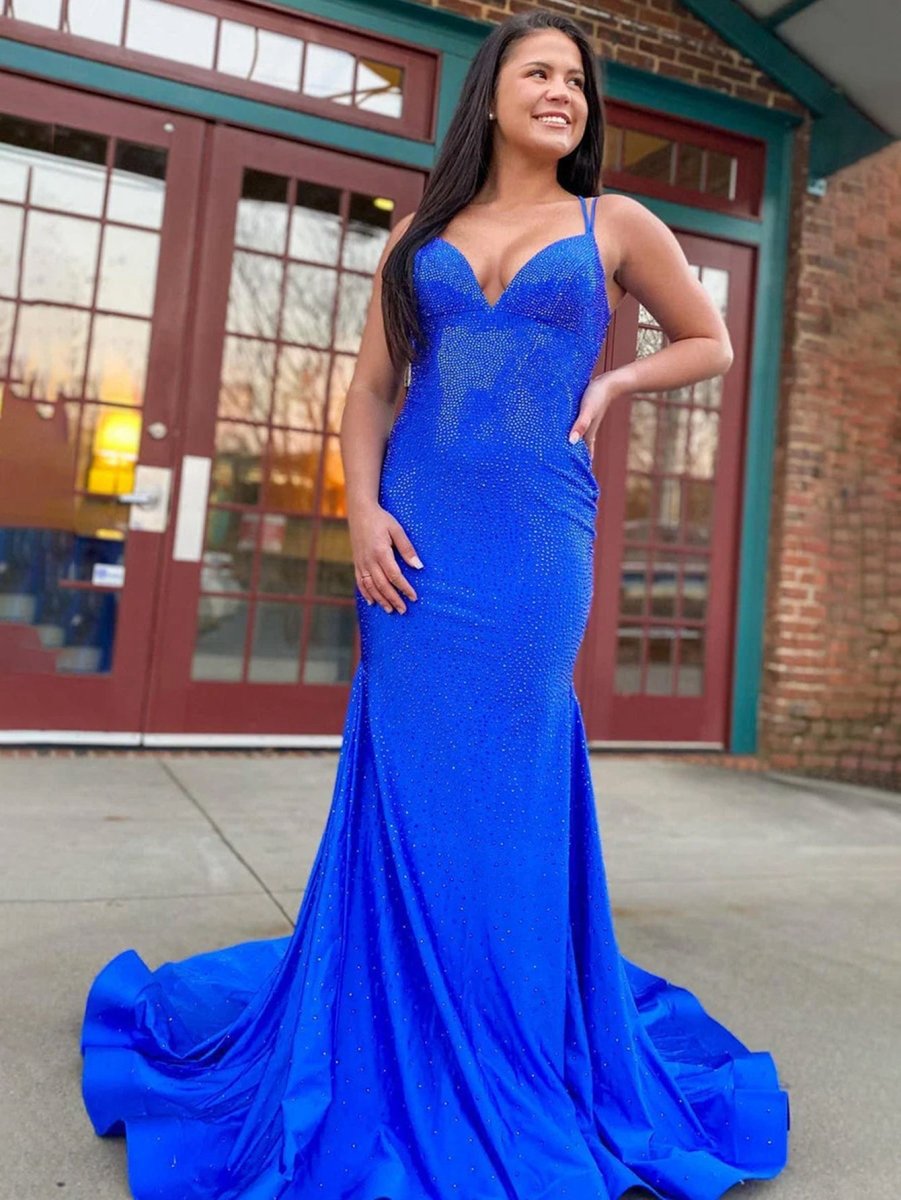 Sparkly Mermaid V Neck Beaded Satin Long Prom Dresses