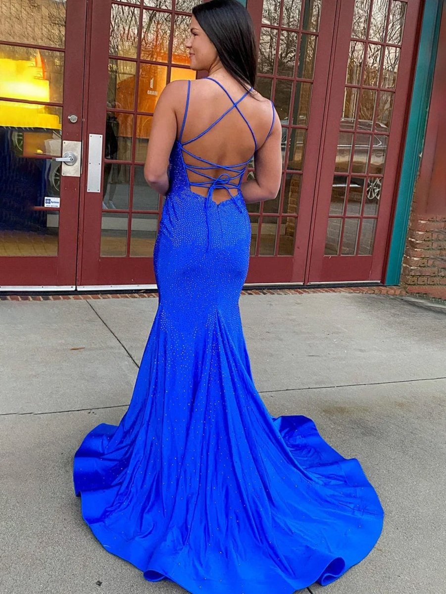 Sparkly Mermaid V Neck Beaded Satin Long Prom Dresses
