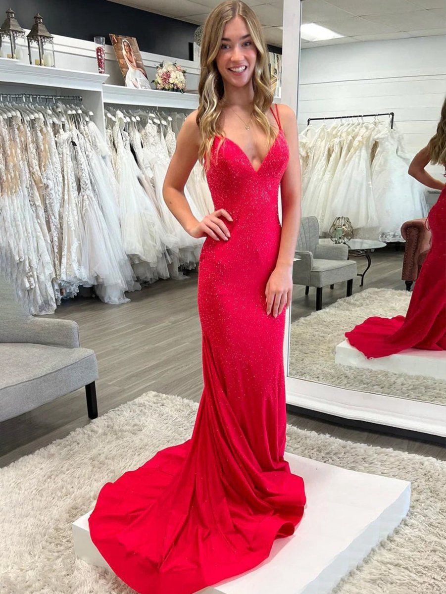 Sparkly Mermaid V Neck Beaded Satin Long Prom Dresses