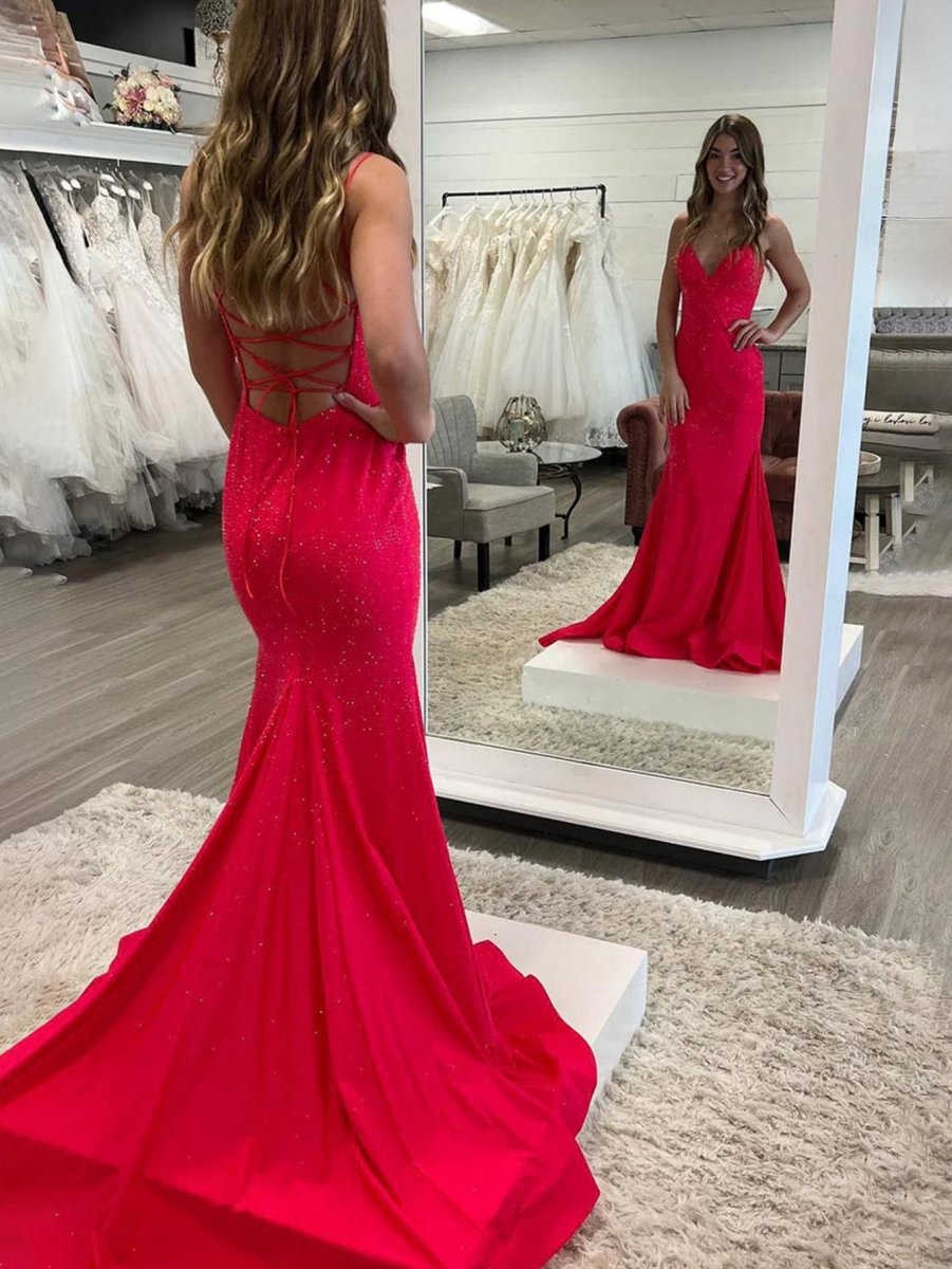 Sparkly Mermaid V Neck Beaded Satin Long Prom Dresses
