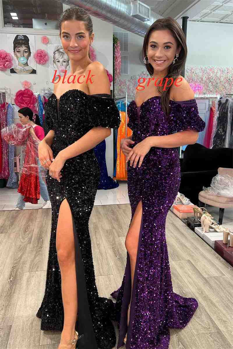 Puff Sleeves Sequined Long Party Dresses with Side Slit
