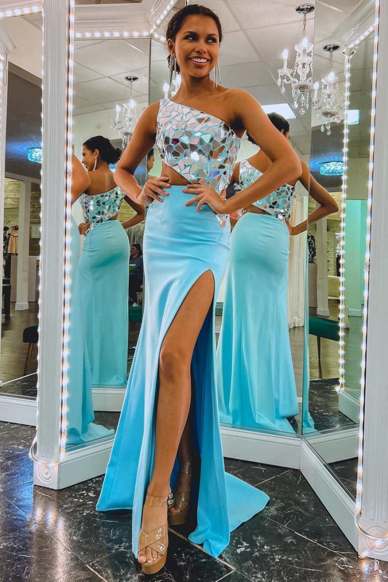 Sheath One Shoulder Cut Mirror Sequins Prom Dresses