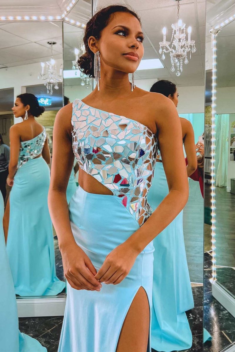 Sheath One Shoulder Cut Mirror Sequins Prom Dresses