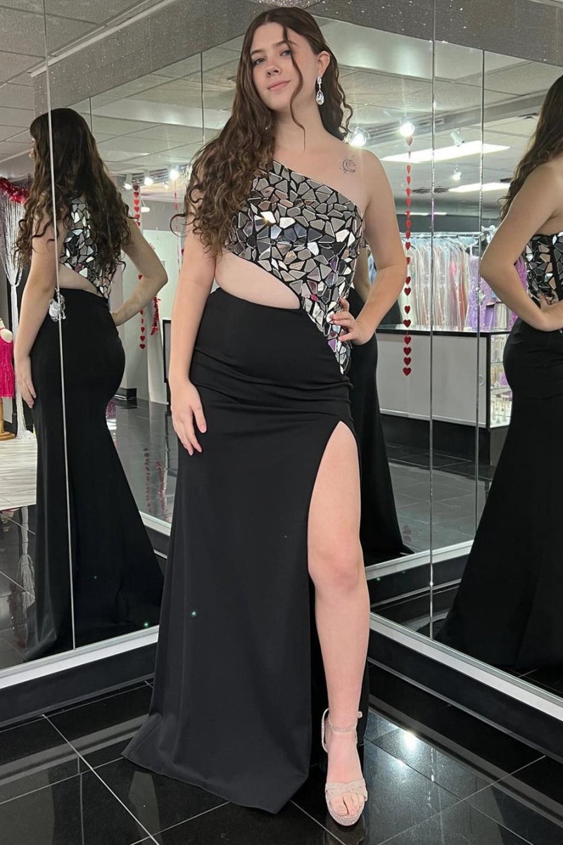 Sheath One Shoulder Cut Mirror Sequins Prom Dresses