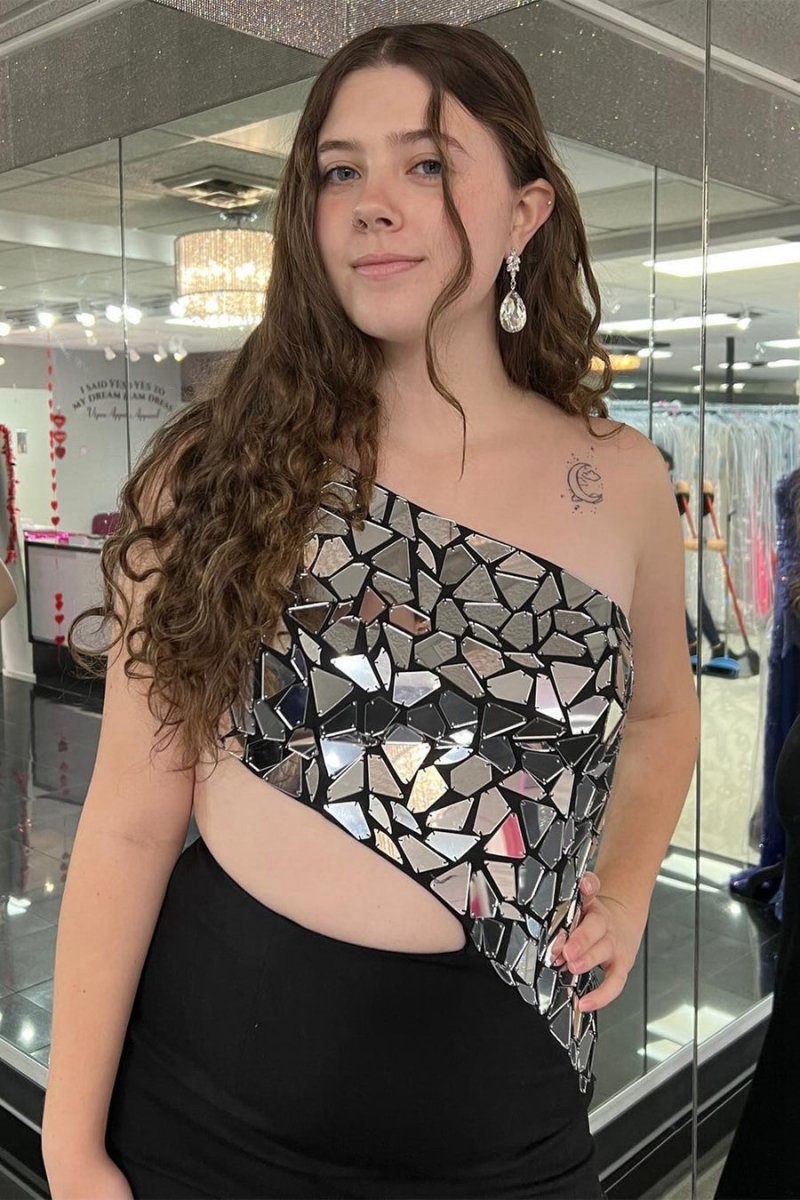 Sheath One Shoulder Cut Mirror Sequins Prom Dresses