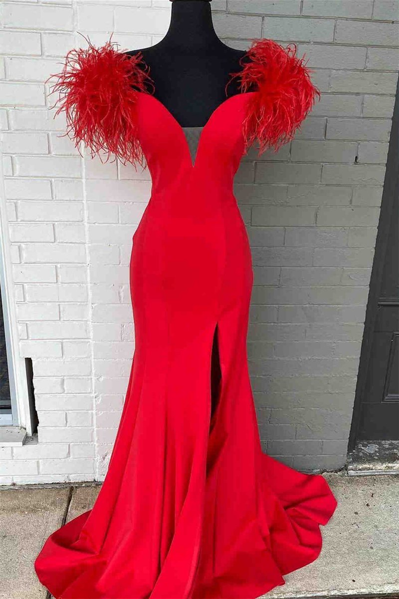 Plunging V-Neck Off the Shoulder FeatheLong Party Dresses
