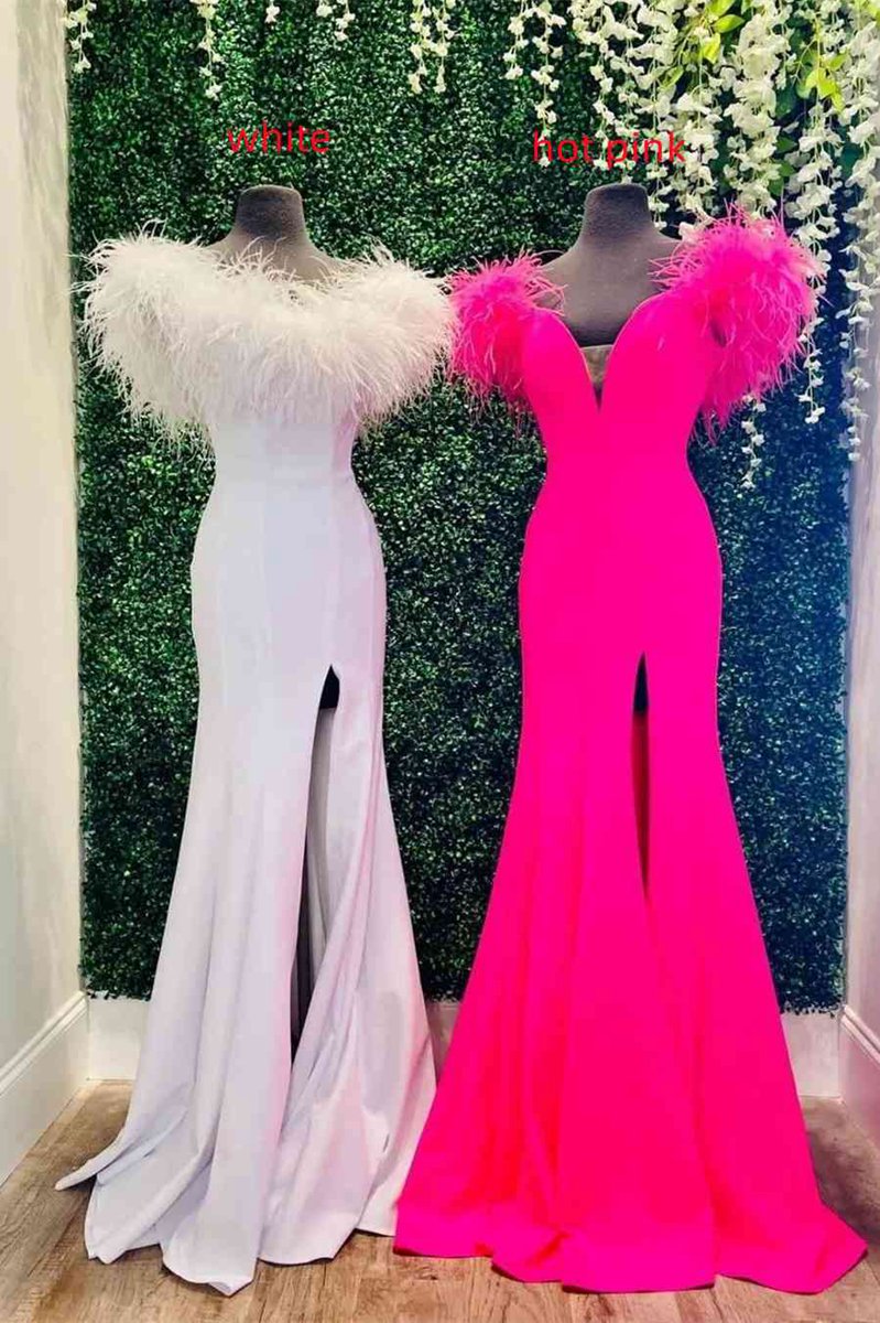 Plunging V-Neck Off the Shoulder FeatheLong Party Dresses