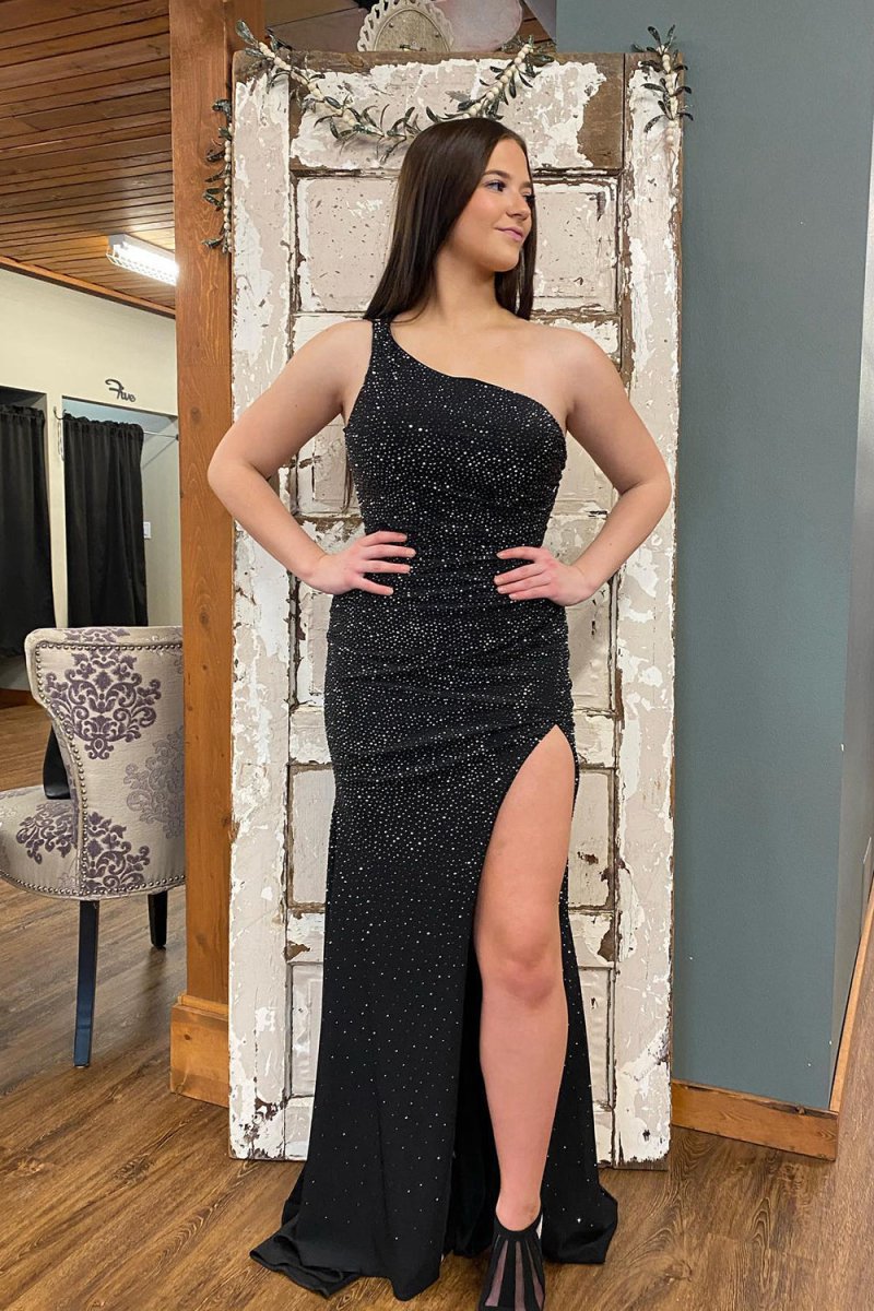 Mermaid One Shoulder Beaded Jersey Prom Dresses with Slit