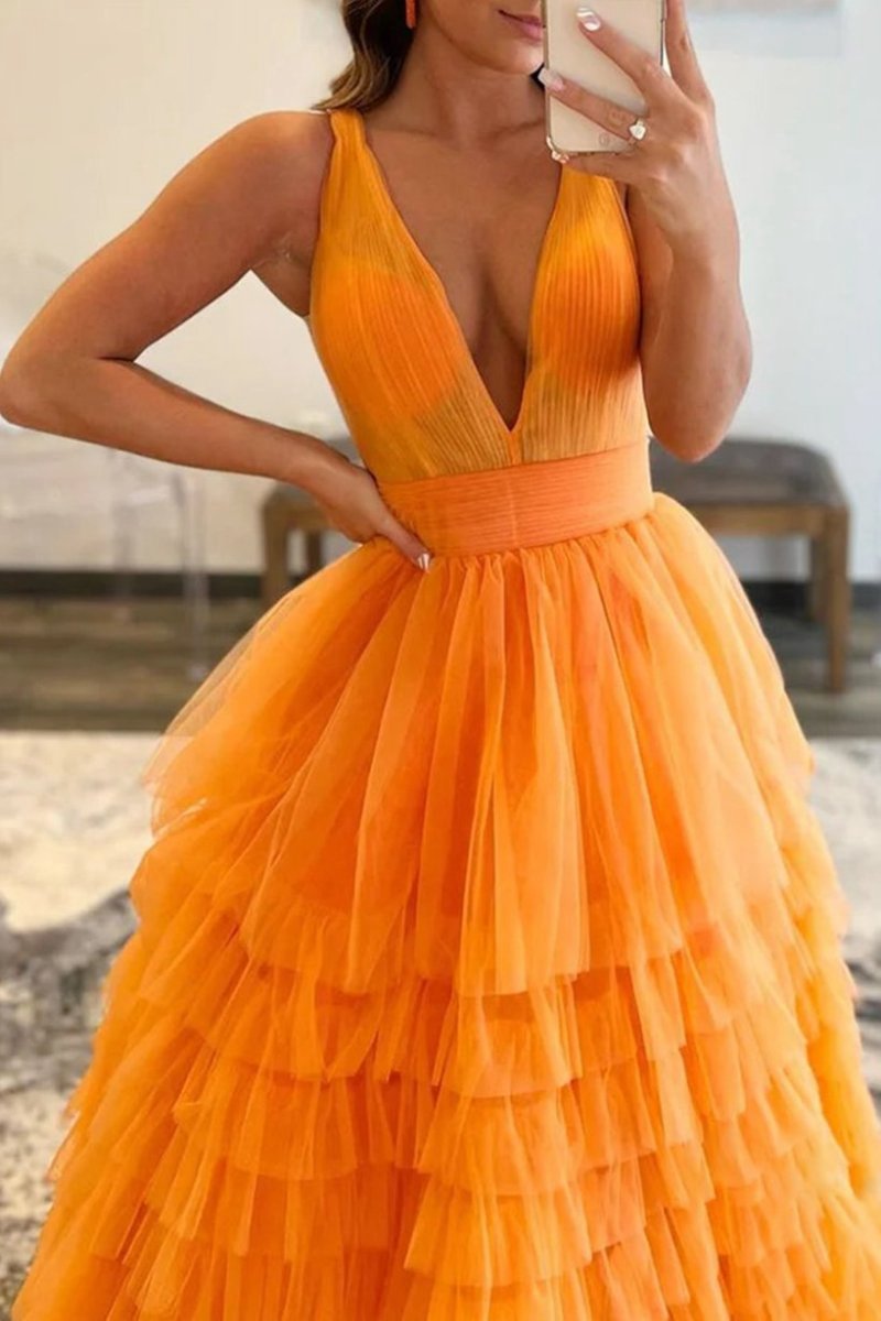 A-line V-Neck Tulle Long Prom Dresses