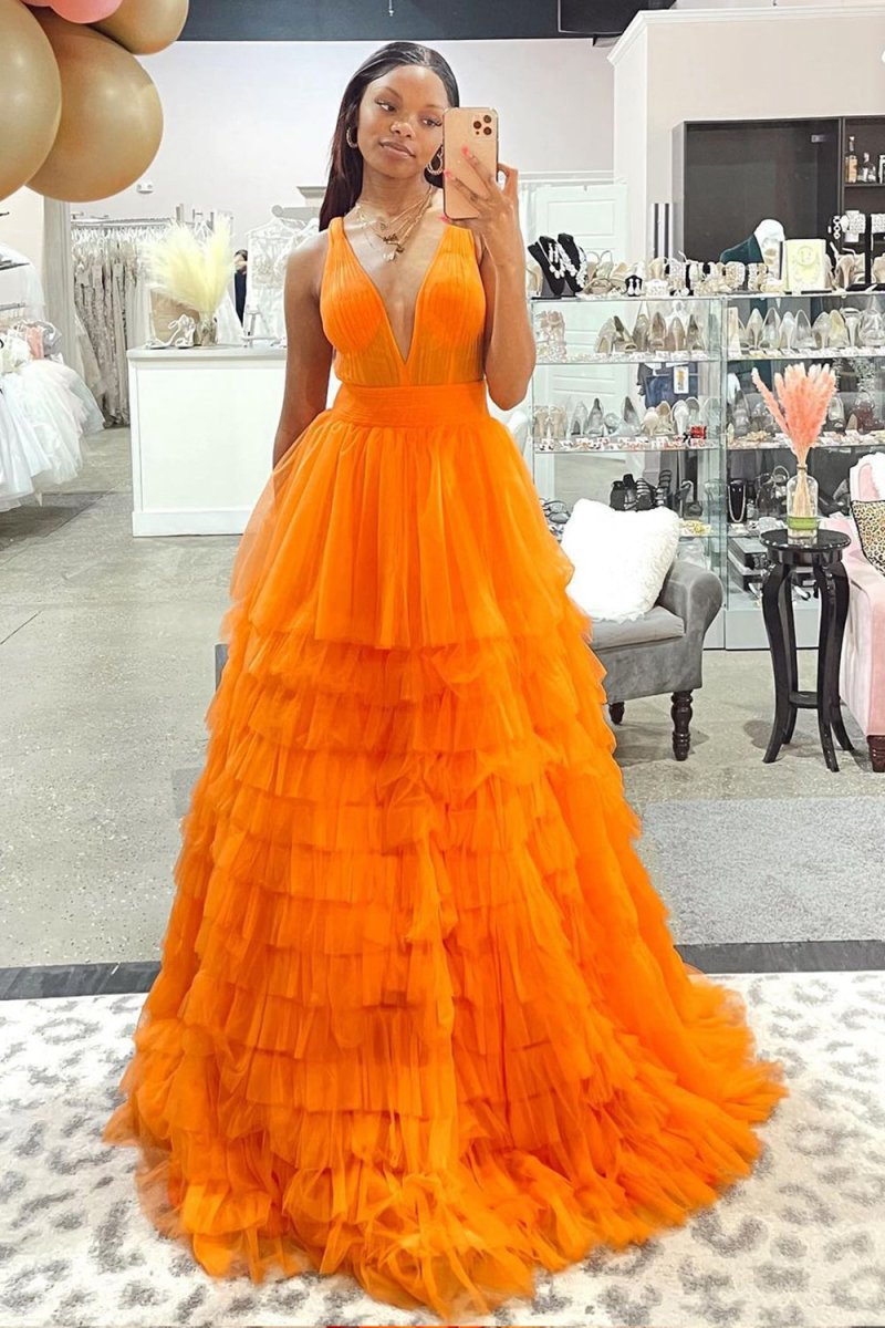 A-line V-Neck Tulle Long Prom Dresses