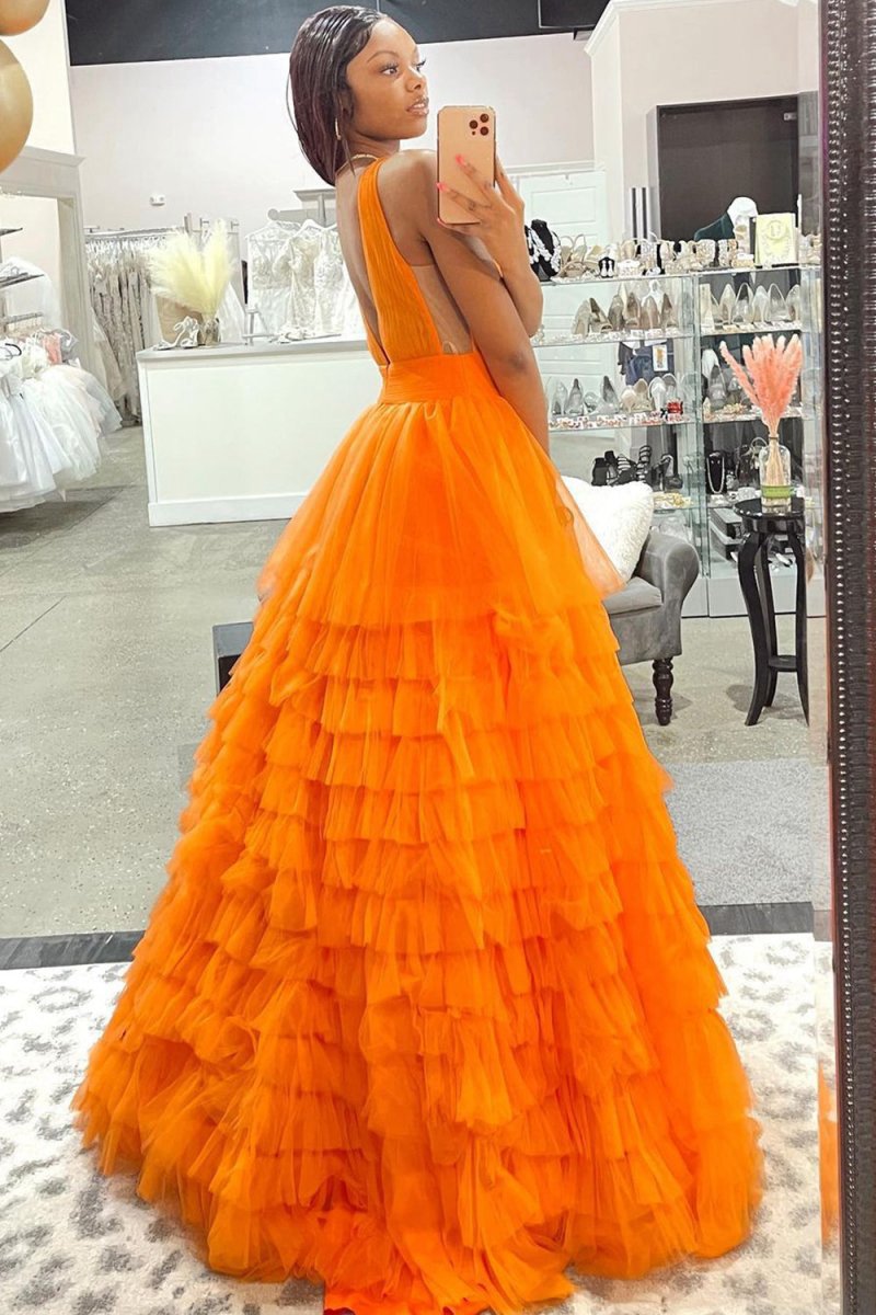 A-line V-Neck Tulle Long Prom Dresses