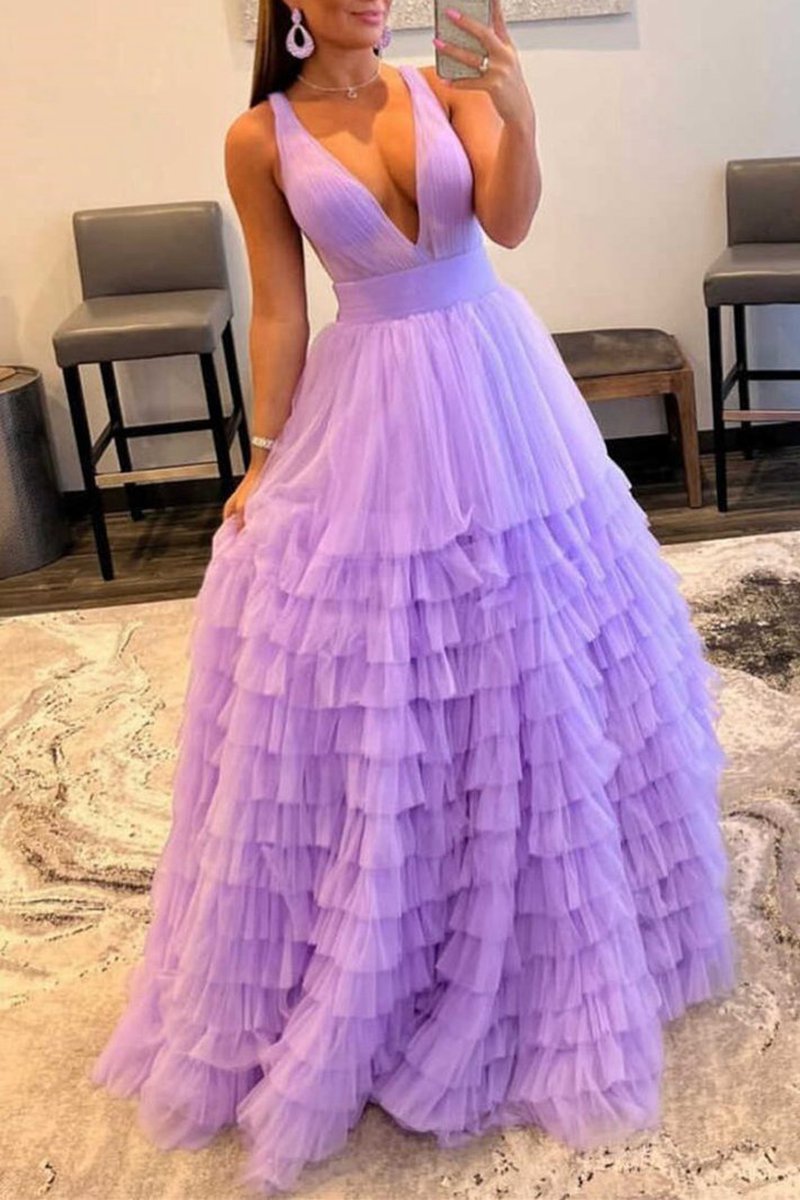 A-line V-Neck Tulle Long Prom Dresses