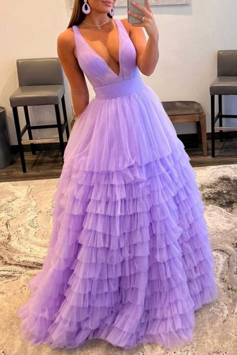 A-line V-Neck Tulle Long Prom Dresses