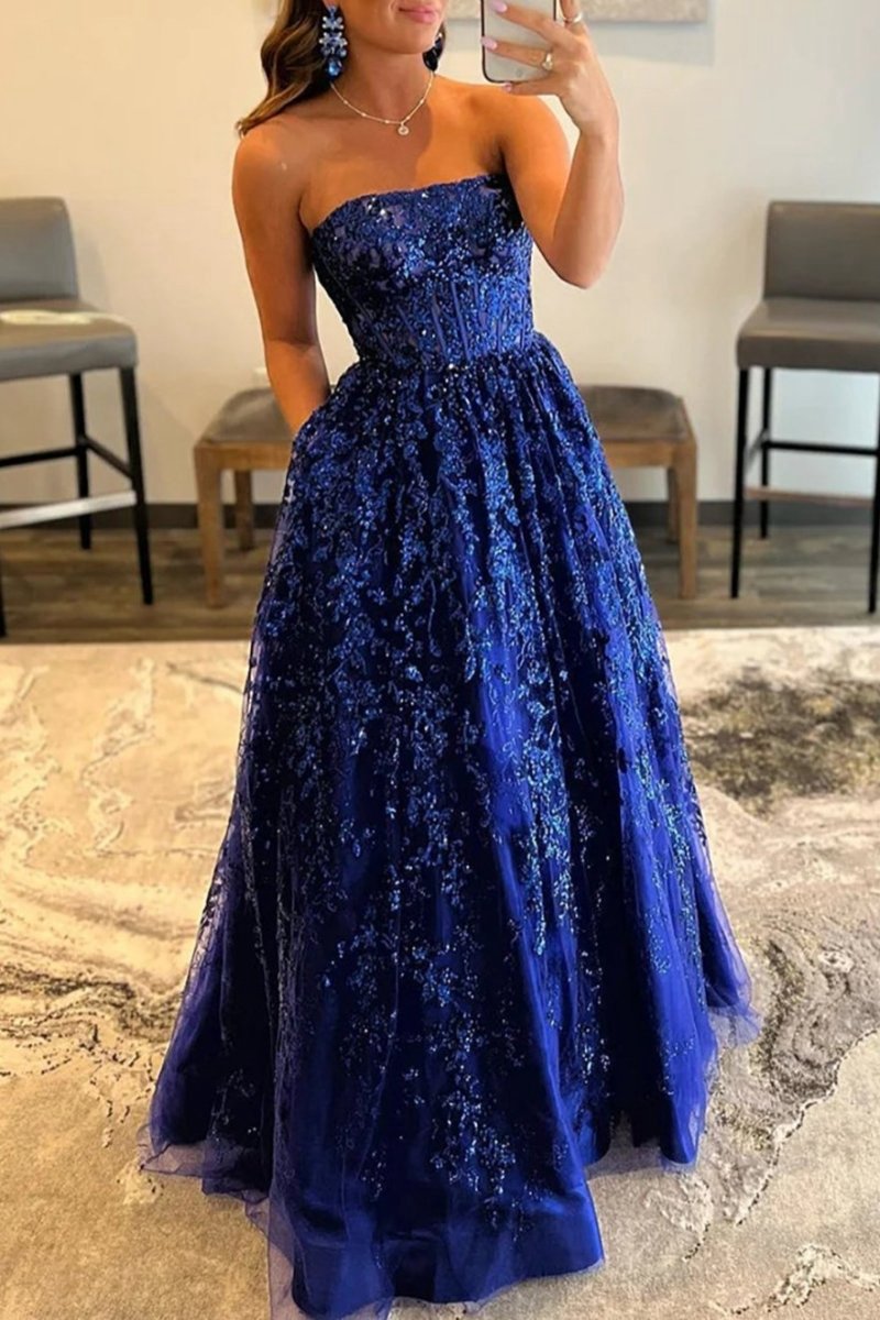 A-line Sequined Lace Long Prom Dresses with Pockets