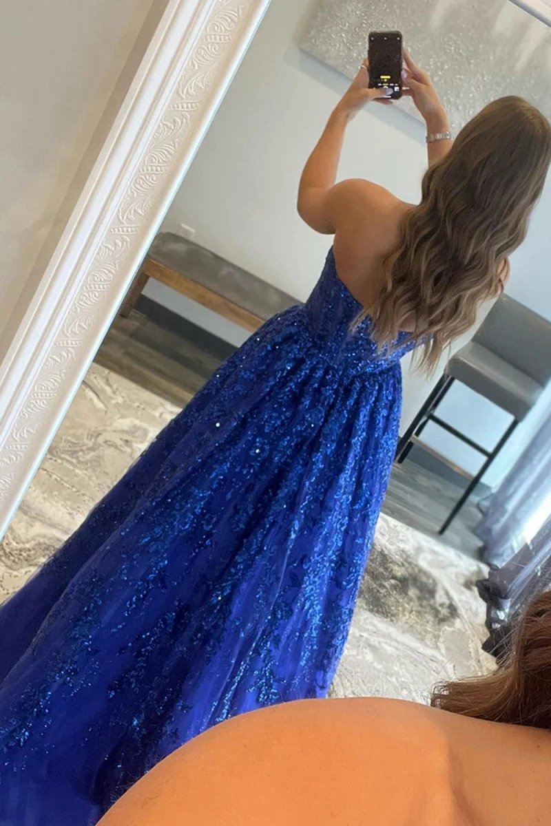 A-line Sequined Lace Long Prom Dresses with Pockets
