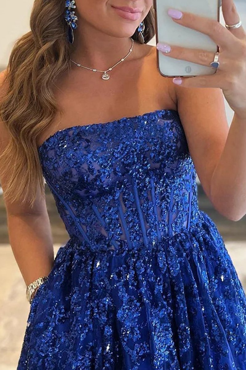A-line Sequined Lace Long Prom Dresses with Pockets