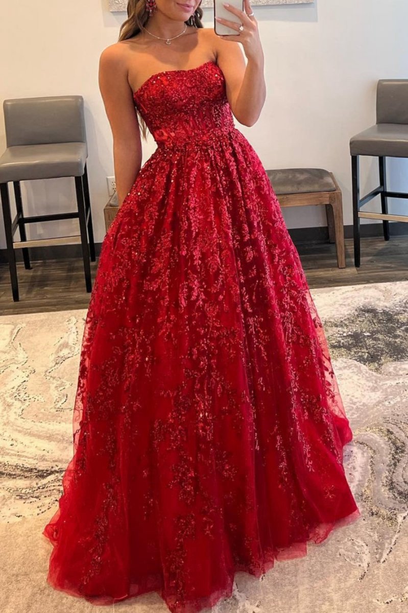 A-line Sequined Lace Long Prom Dresses with Pockets