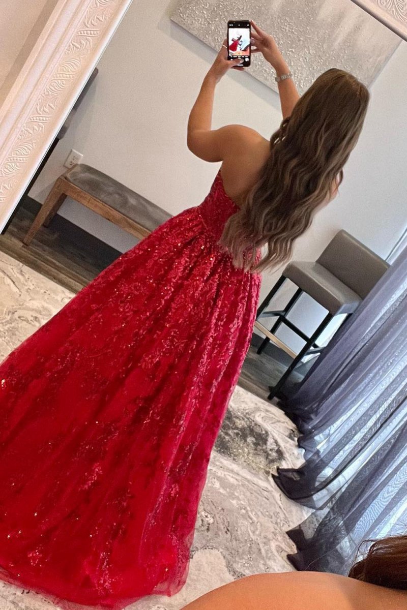 A-line Sequined Lace Long Prom Dresses with Pockets