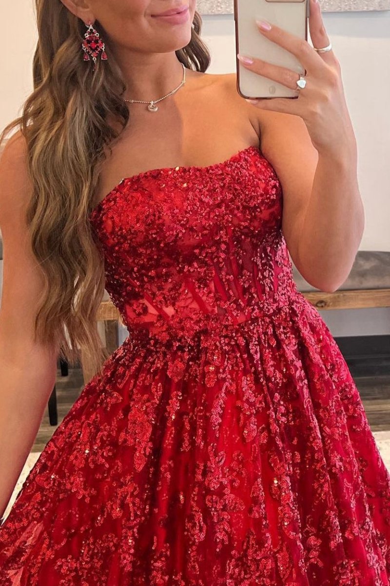 A-line Sequined Lace Long Prom Dresses with Pockets