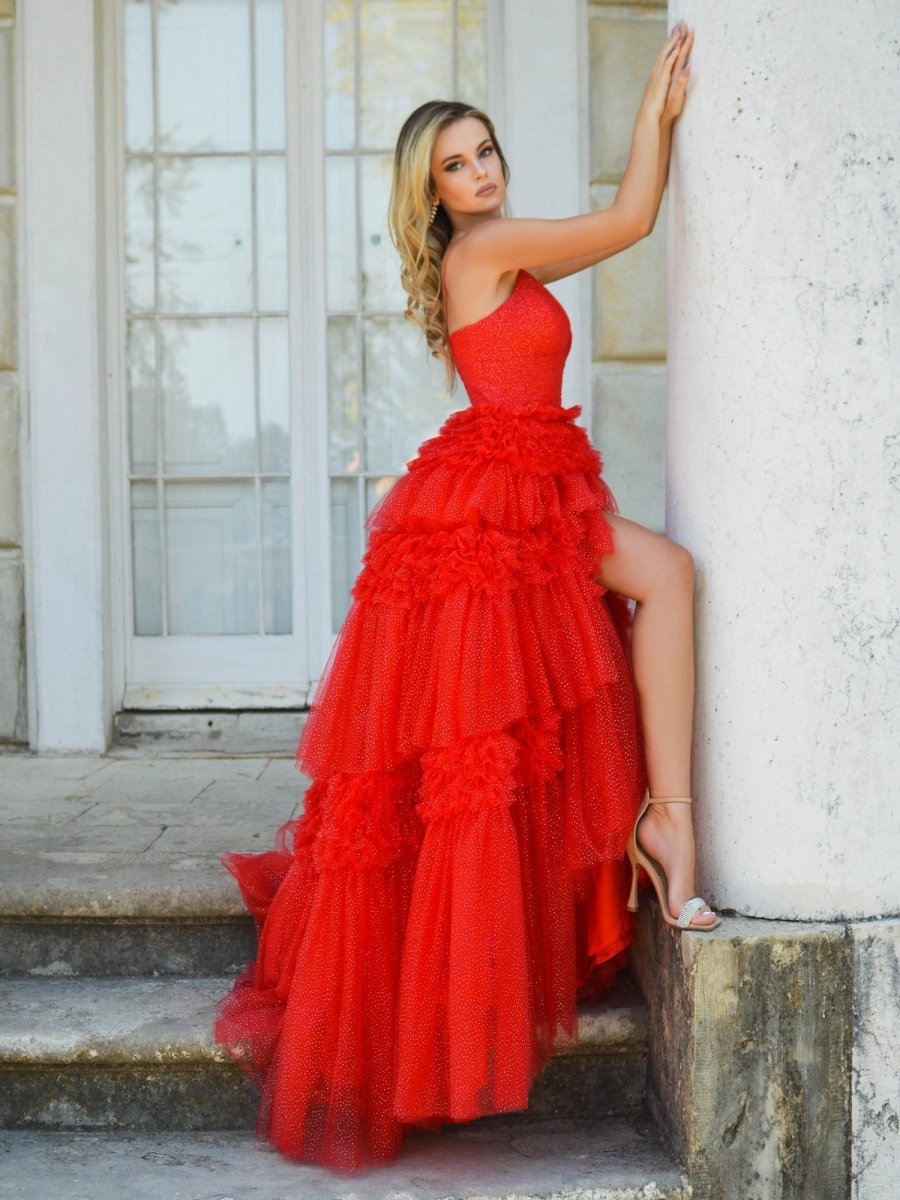 Tulle Deep V Neck Spaghetti Straps Long Prom Dresses