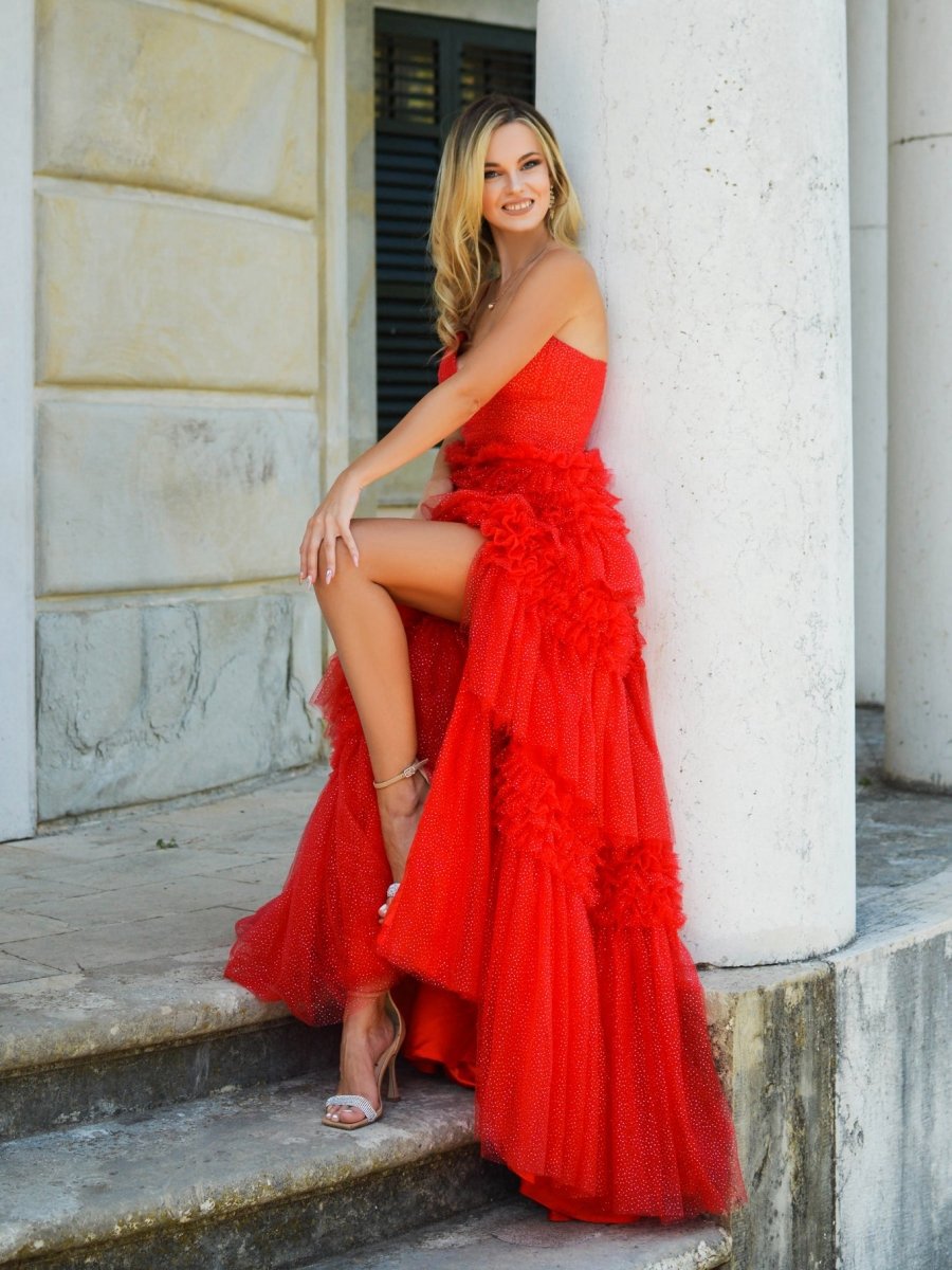 Tulle Deep V Neck Spaghetti Straps Long Prom Dresses