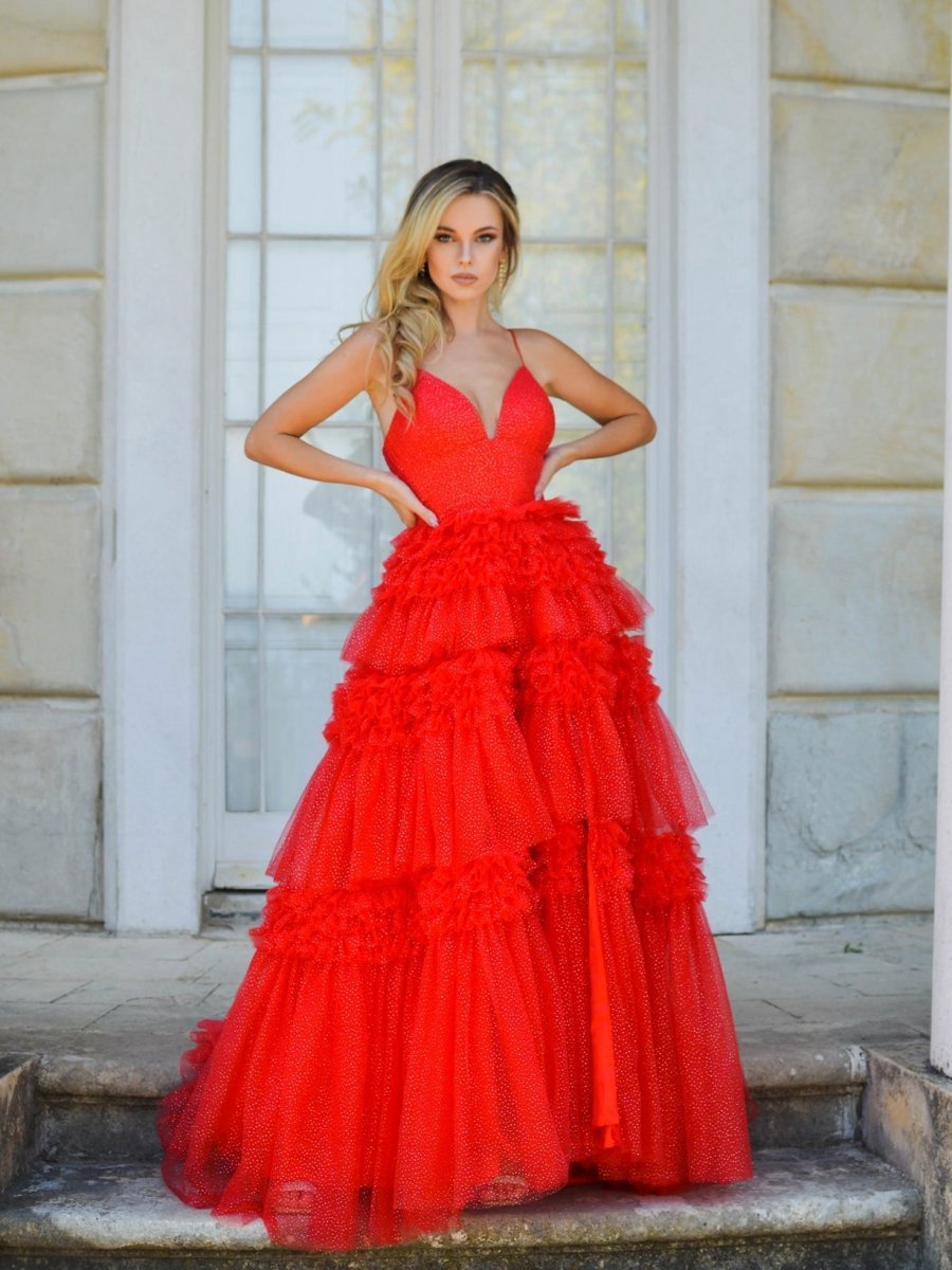 Tulle Deep V Neck Spaghetti Straps Long Prom Dresses