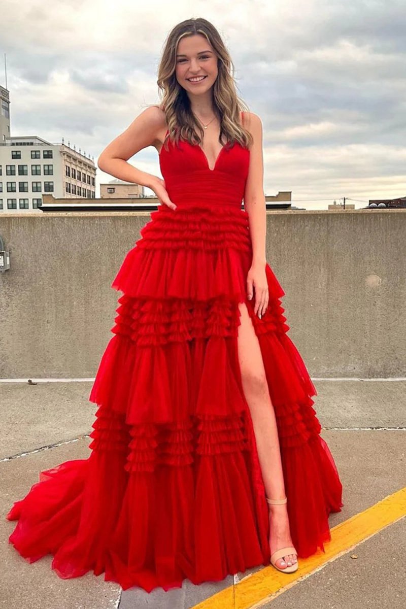 Tulle Deep V Neck Spaghetti Straps Long Prom Dresses