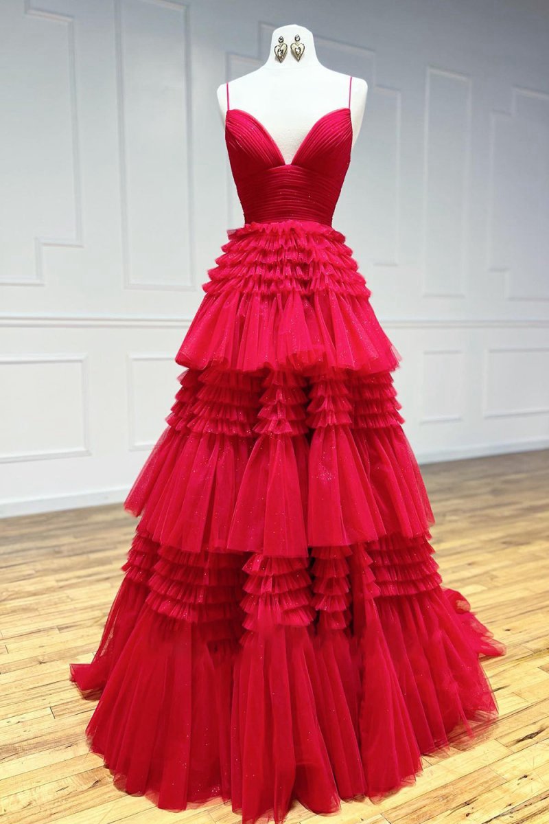 Tulle Deep V Neck Spaghetti Straps Long Prom Dresses
