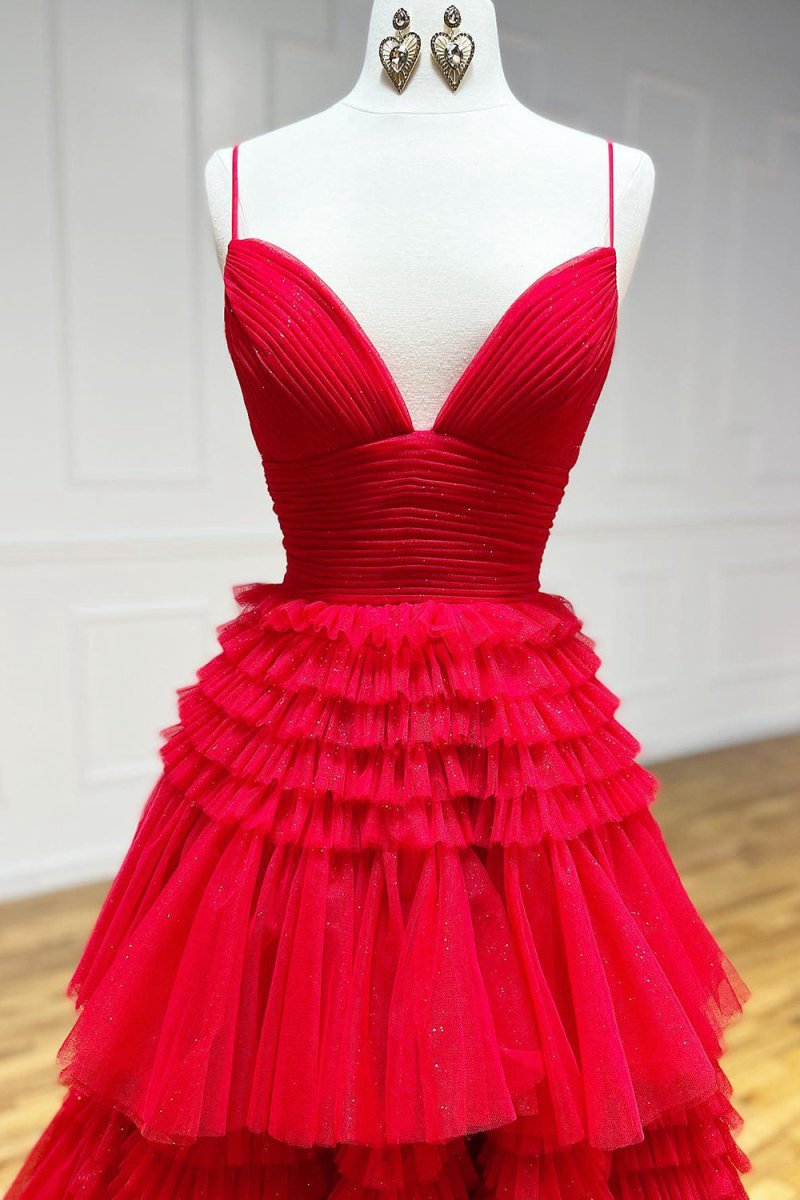 Tulle Deep V Neck Spaghetti Straps Long Prom Dresses