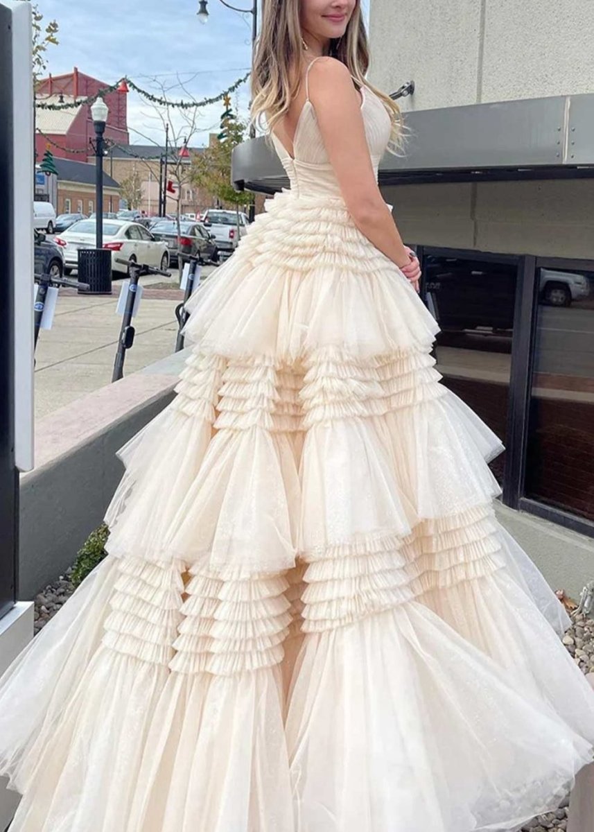 Tulle Deep V Neck Spaghetti Straps Long Prom Dresses