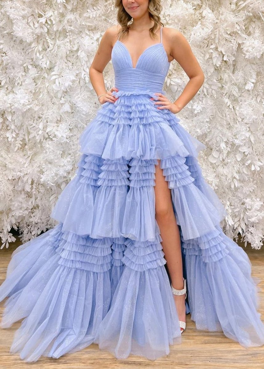 Tulle Deep V Neck Spaghetti Straps Long Prom Dresses