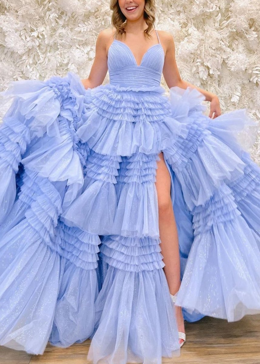 Tulle Deep V Neck Spaghetti Straps Long Prom Dresses