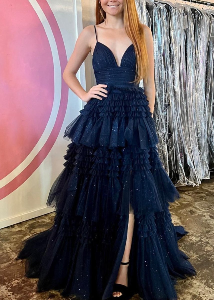 Tulle Deep V Neck Spaghetti Straps Long Prom Dresses