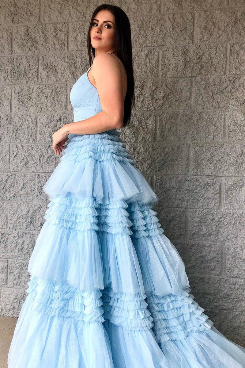 Tulle Deep V Neck Spaghetti Straps Long Prom Dresses