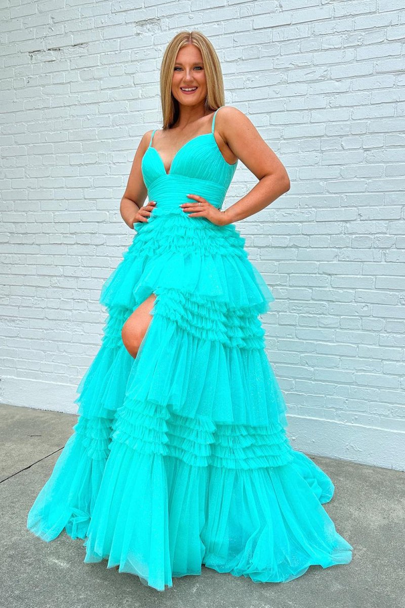Tulle Deep V Neck Spaghetti Straps Long Prom Dresses