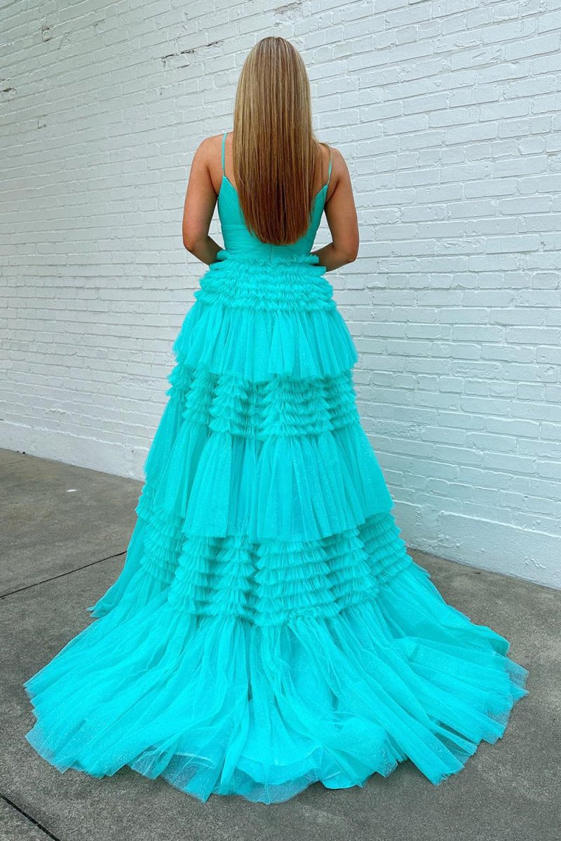 Tulle Deep V Neck Spaghetti Straps Long Prom Dresses