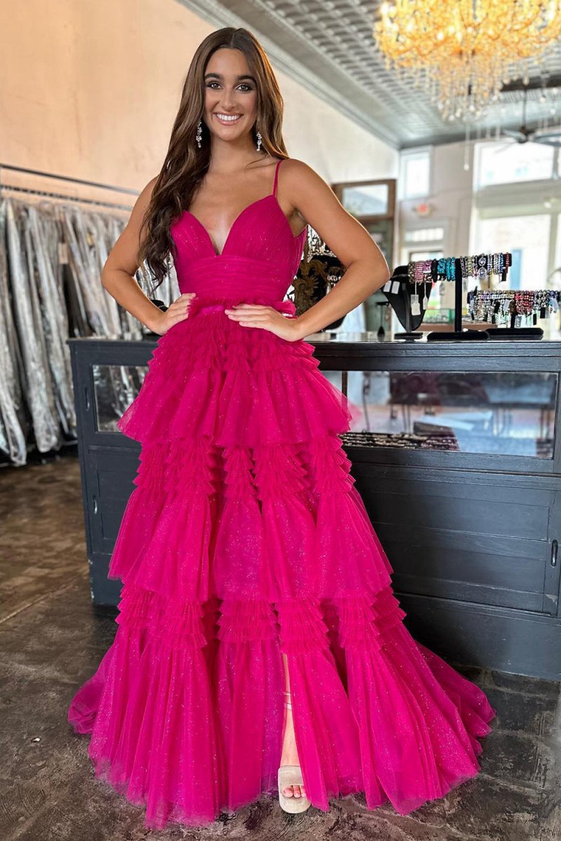 Tulle Deep V Neck Spaghetti Straps Long Prom Dresses