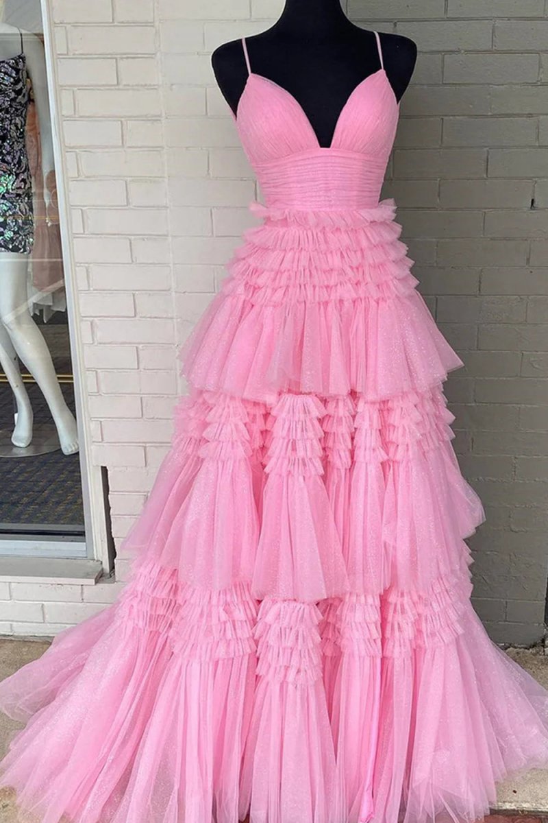 Tulle Deep V Neck Spaghetti Straps Long Prom Dresses