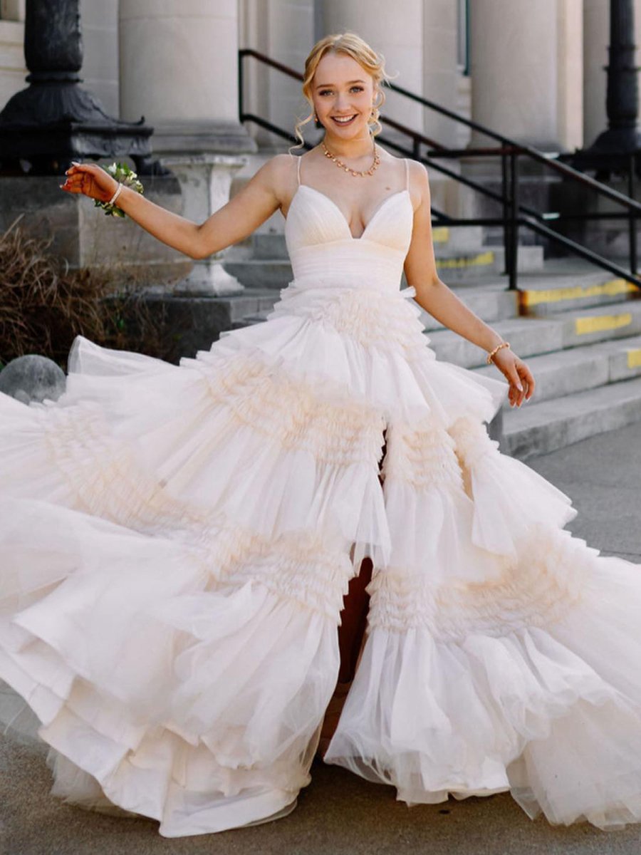 Tulle Deep V Neck Spaghetti Straps Long Prom Dresses