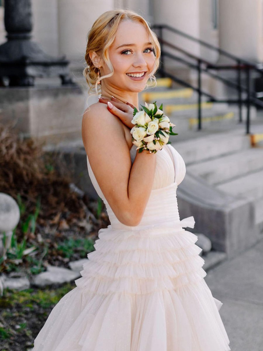 Tulle Deep V Neck Spaghetti Straps Long Prom Dresses