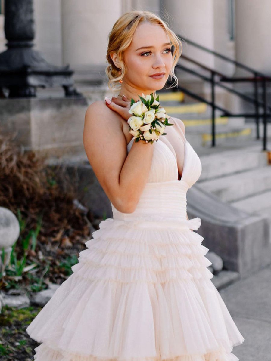 Tulle Deep V Neck Spaghetti Straps Long Prom Dresses