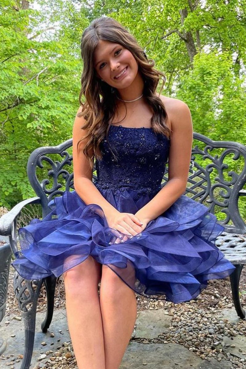 A-line Lace Appliques Organza Short Homecoming Dresses