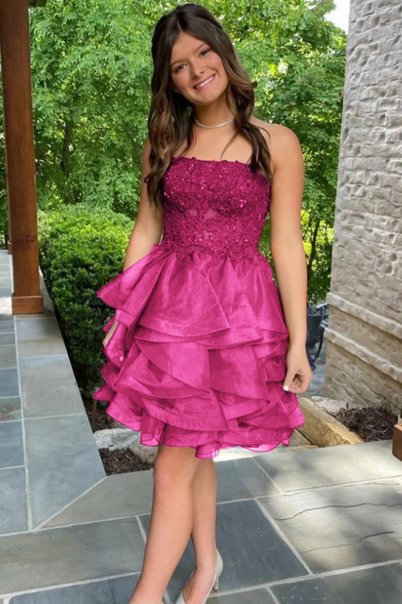A-line Lace Appliques Organza Short Homecoming Dresses