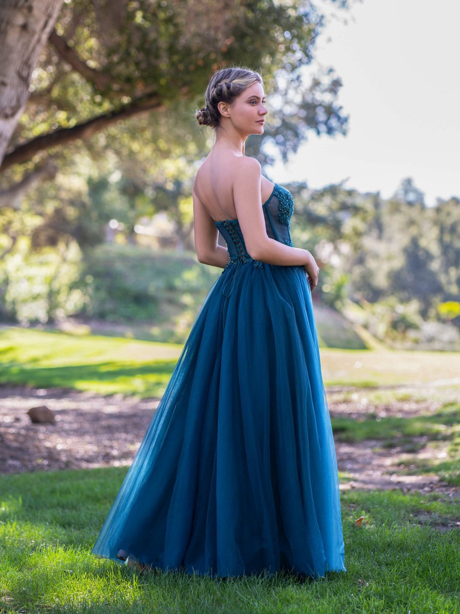 Corset Lace Floor Length Tulle Prom Dresses